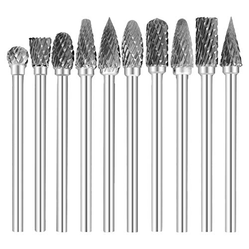 COMOWARE Rotary Burr Set 10pcs 1/8 Tungsten Carbide Rotary File Solid Carbide Rotary Burr Set Drill Grinding Cutter Tools Bits Set, for DIY Wood-Working Carving, Metal Polishing, Engraving, Drilling