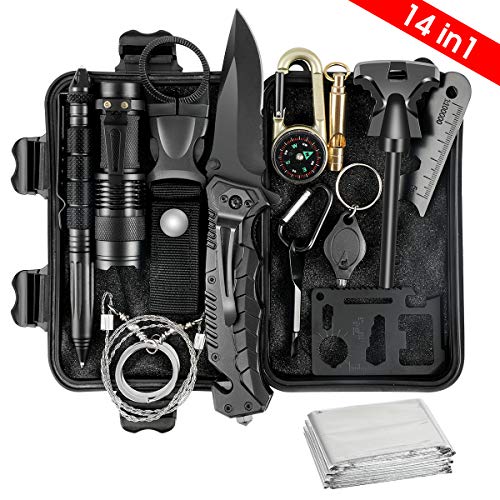 Survival Kit, 14 in 1 Survival Gear Gifts for Men Husband Father, Emergency Survival Kit for Hiking, Hunting, Camping Adventures, Outdoors Sport