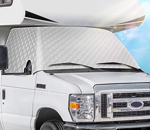 EXCELFU RV Windshield Cover Compatible with Ford Class C 1997-2020 RV Front Window Cover RV Motorhome Windshield Cover Sun Shade Cover Snow Cover with Mirror Cutouts