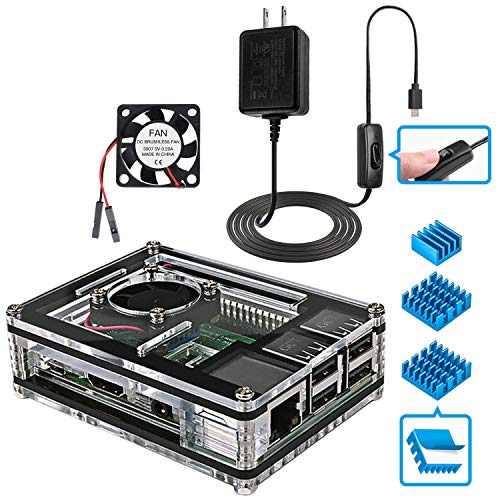 Miuzei Raspberry Pi 3 B+ Case with Fan Cooling and 3× Heat-Sinks, 5V 2.5A Power Supply with On/Off Switch Cable for RPi 3 B+, 3B, 2b