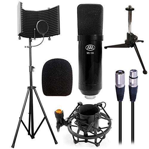 AxcessAbles SF-101KIT Studio Microphone Isolation Shield w/Stand, Condenser Mic & accessories. Compatible w/Focusrite or Phantom Powered Audio Interfaces or mixers. Studio Recording & Broadcast.