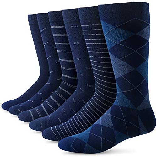 Yousu Men Dress Socks Comfortable Business Casual Knit Solid Pattern Cotton Crew Sock 6 Pairs Blue