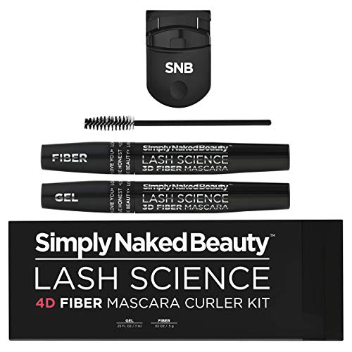 4D Fiber Mascara Curler Kit by Simply Naked Beauty. For 10X the volume and length to natural eyelashes. Highest quality hypoallergenic ingredients, gel and fiber formula. Plus mini curler.