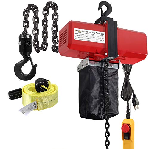 Partsam 1100lbs Lift Electric Chain Hoist Single Phase Overhead Crane Garage Ceiling Pulley Winch Hook Mount G80 Chain w Pendant Control and Towing Strap Sling (1/2T 110V), 10ft Lift Height, 2 Hooks