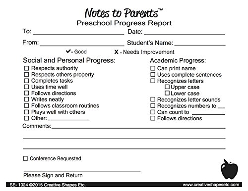 4.25” x 5.5” Preschool Progress Report - Notes to Parents, 50 Two-Part Carbon-Less Forms in a Pack for Notes Home, Student Progress Reports, Teacher Reports, Communication to Parents, Learning Aid