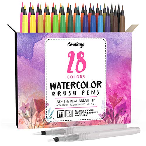 Watercolor Brush Pens | 28 Colors with 15-Sheet Watercolor Pad & 2 Blending Brush - Paint Markers for Painting, Coloring, Calligraphy, Drawing for Kids, Artists, Beginner Painters - Real Flexible Tips