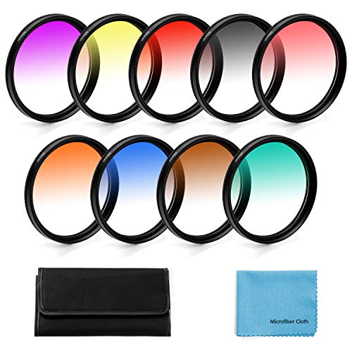 58mm Graduated Color Filters Kit 9 Pieces Gradual Colour Lens Filter Kit Set Accessory for Canon Nikon Sony Pentax Olympus Fuji DSLR Camera + Lens Filter Pouch +Lens Cleaning Cloth