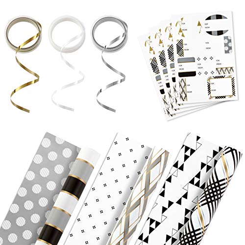 Hallmark Reversible Wrapping Paper Bundle with Ribbon & Gift Tag Stickers - Black, Gold Stripes, Plaid (3 Pack, 120 sq. ft. ttl, 30 Yds. Mini Ribbon, 36 Labels) for Graduations, Weddings, Christmas