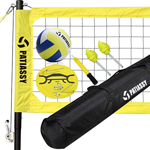 Patiassy Professional Portable Volleyball Net and Ball Set System for Outdoor Beach, Backyard with Storage Bag, Upgraded Adjustable Poles, Winch System for Anti Sag Net and Metal Stakes