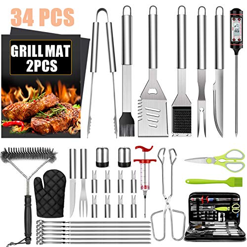 34PCS BBQ Grill Accessories Tools Set, Stainless Steel Grilling Tools with Carry Bag, Thermometer, Grill Mats for Camping/Backyard Barbecue, Grill Tools Set for Men Women