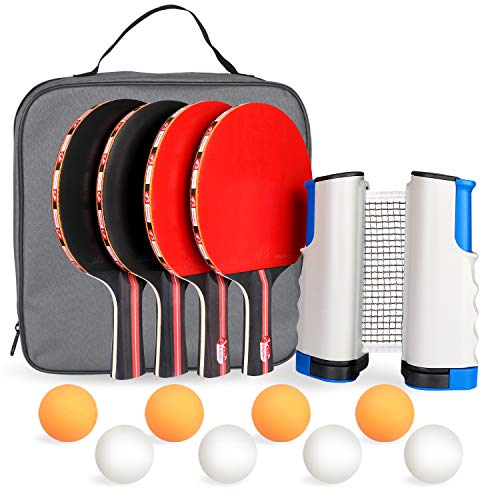 Fostoy Table Tennis Set, 4 Ping Pong Paddles with 8 Table Tennis Balls and Retractable Ping Pong Net, Ideal Indoor and Outdoor Ping Pong Sets, Perfect for Professional and Recreational Games (Red)