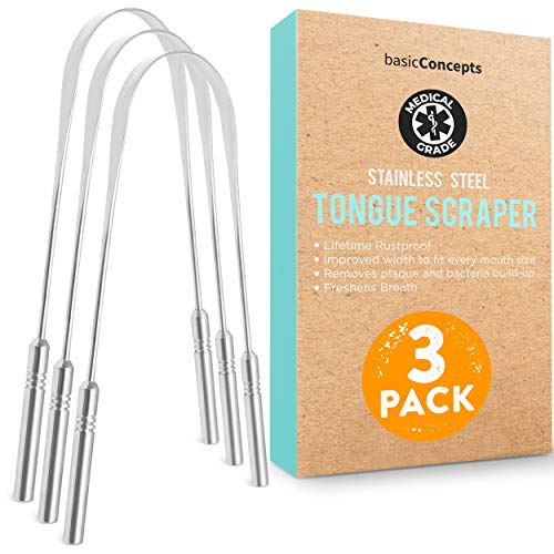 Tongue Scraper (3 Pack), Reduce Bad Breath (Medical Grade), Stainless Steel Tongue Cleaners, 100% BPA Free Metal Tongue Scrapers for Fresher Breath in Seconds