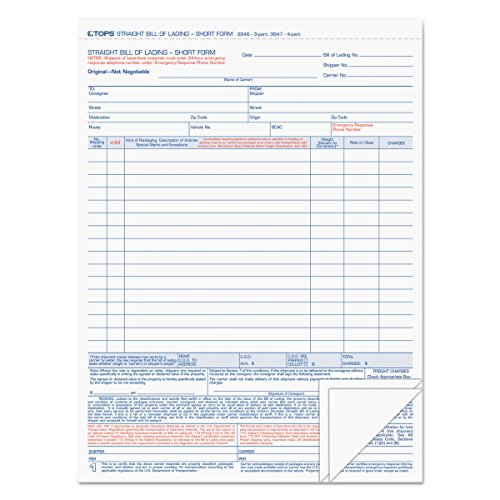 TOPS Snap-Off Bill Of Lading 16-Line Expanded Form, Carbonless Triplicate, 8.5 x 11 Inches, 50 Sets per Pack (3846)