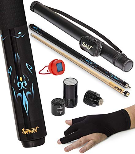 IgnatGames 2-Pieces Pool Cue Stick - 58' Canadian Maple Professional Billiard Pool Cues Sticks with Hard Case, 3 in 1 Pool Stick Tip Tool, 3 Finger Glove and Chalk Holder (21 oz. Blue)
