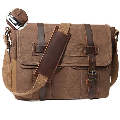 Messenger Bag for Men 15.6 Inch Rugged Waxed Canvas Laptop Bag Waterproof Genuine Leather Briefcase Satchel Bags for Men Large Computer Work Bag, Brown