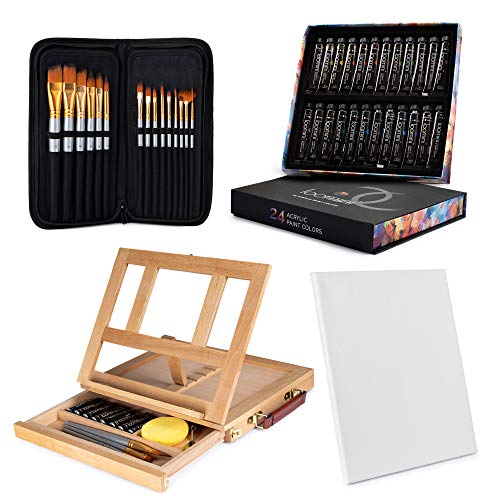 Painting Kit 24 Acrylic Paint (12 ml/0.41 oz.) with 15 Paint Brushes with Tabletop Easel Tabletop Easel (13.38 x 10.25 x 2) Streched Canvas 11x14 Painting Supplies