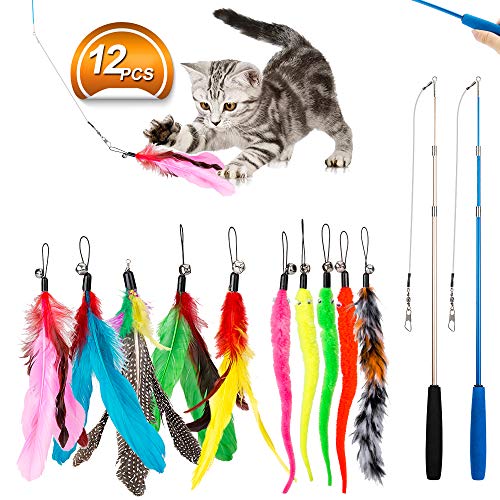 JIARON Feather Teaser Cat Toy, 2PCS Retractable Cat Wand Toys and 10PCS Replacement Teaser with Bell Refills, Interactive Catcher Teaser and Funny Exercise for Kitten or Cats.