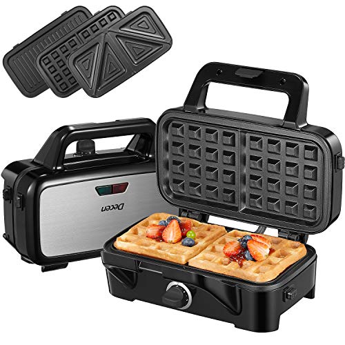 Decen Sandwich Maker, Waffle Maker, Sandwich Grill, 1200-Watts, 5-Gears Temperature Control, 3-in-1 Detachable Non-stick Coating, LED Indicator Display, Cool Touch Handle, Anti-Skid Feet, Black
