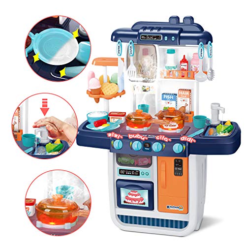 CUTE STONE Little Kitchen Playset, Kids Play Kitchen with Realistic Lights & Sounds,Simulation of Spray, Play Sink with Running Water,Dessert Shelf Toy & Other Kitchen Accessories Set for Girls Boys