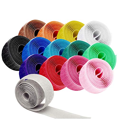 LOVEETA Sew on Hook and Loop for Fabric - Total 28 Rolls Sewing Fasteners Colored White Black Strips Non Adhesive Interlocking Tape for Clothing 1 inch with Embroidery Patches for DIY Craft with 10 Patches