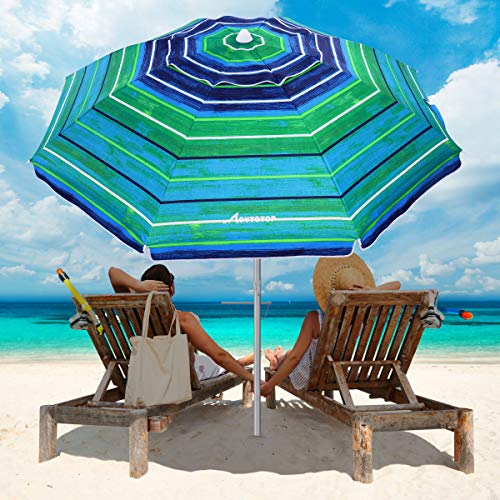 MOVTOTOP Beach Umbrella, 6.5ft Beach Umbrella with Sand Anchor & Tilt Mechanism, Portable UV 50+ Protection Beach Umbrella with Carry Bag for Patio Garden Beach Outdoor (Dark Green Stripe)