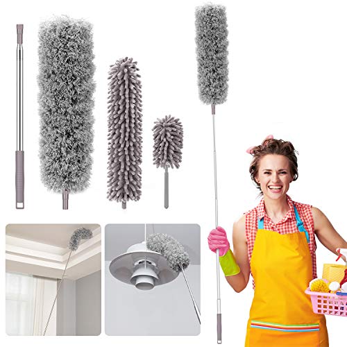 Microfiber Duster for Home, Homga Microfiber Duster Cleaning Kit with Telescoping Extension Pole 100 Inch, Reusable Bendable Dusters, Washable Lightweight Dusters for Cleaning Cobwebs Ceilings Fans