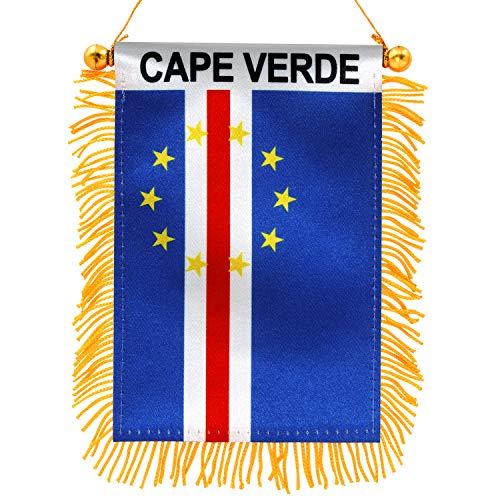 Anley 4 X 6 Inch Cape Verde Window Hanging Flag - Rearview Mirror & Double Sided - Fringed Cape Verdean Mini Banner with Suction Cup