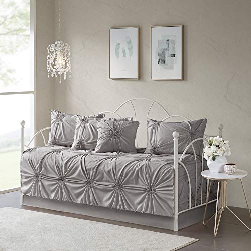 Madison Park Daybed Cover Set-Trendy Design All Season Luxury Bedding with Bedskirt, Matching Shams, Decorative Pillow, 75'x39', Leila, Medallion Tufted Dark Gray 6 Piece