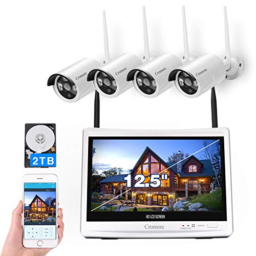 [8CH,Expandable]All in one with 12.5' Monitor Wireless Security Camera System, Cromorc Home Business CCTV Surveillance 8CH 1080P NVR, 4pcs 2.0MP 1080P Outdoor Indoor Night Vision Camera,2TB Hard Drive