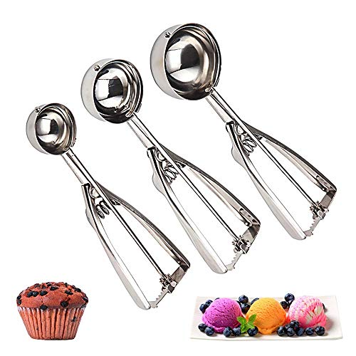 Cookie Scoop Set of 3 - Stainless Steel Ice Cream Scooper with Trigger, Small, Medium and Large Cookie Scoops for Baking, Easy to Clean, Highly Durable, Ergonomic Handle Cookie Dough Scoop