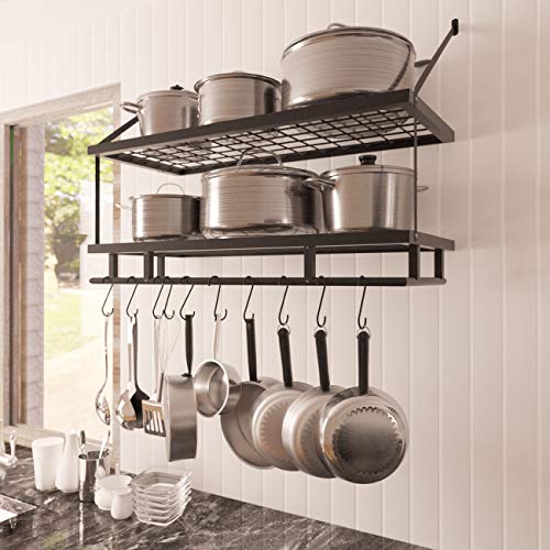KES 30-Inch Kitchen Pot Rack - Mounted Hanging Rack for Kitchen Storage and Organization- Matte Black 2-Tier Wall Shelf for Pots and Pans with 12 Hooks - KUR215S75B-BK