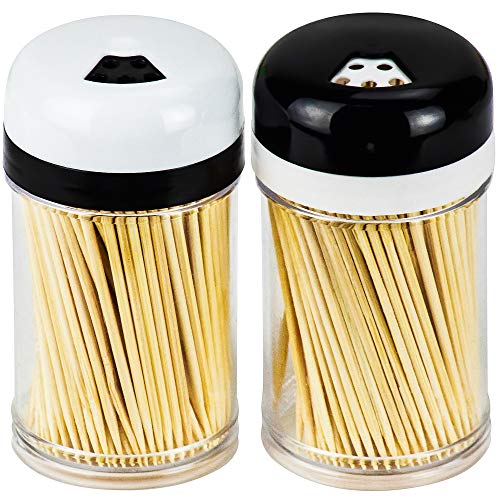 DecorRack 2 Toothpick Dispensers with 400 Natural Wood Toothpicks for Teeth Cleaning, Holding Small Appetizers, Cocktails, and Crafts, Plastic Toothpick Holder with Adjustable Pour Holes (Set of 2)