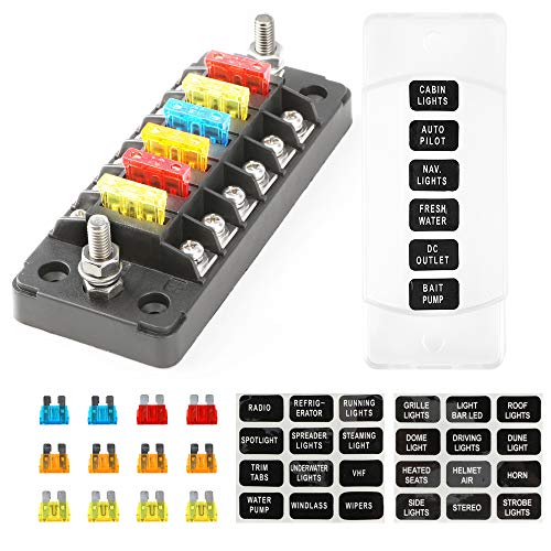 6 Circuit Fuse Block W/Negative Bus - HORSMILE ATC/ATO 6-Way Fuse Box with Ground, With negative Bus & Protection Cover, Bolt Connect Terminals, 70 pcs Stick Label, For Auto Boat Marine with 12 Fuses