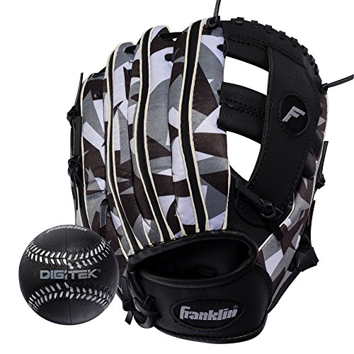 Franklin Sports Teeball Glove - Left and Right Handed Youth Fielding Glove - Synthetic Leather Baseball Glove - Ready to Play Glove (RTP) - 9.5 Inch Right Hand Throw - Black Digi with Ball