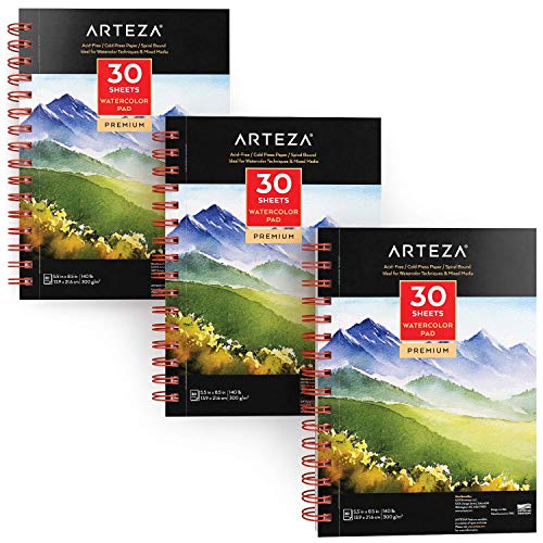 ARTEZA 5.5x8.5” Watercolor Pad, Pack of 3, 90 Sheets (140lb/300gsm), 30 Sheets Each, Spiral Bound Acid Free Cold Pressed Paper, Painting & Drawing Sketchbook, Perfect for Wet, Dry & Mixed Media