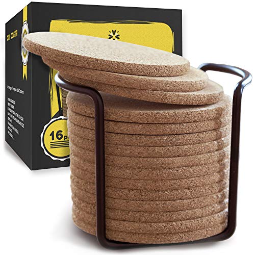 Decopom Cork Coasters with Round Edge 4 inches 16pc Set with Metal Holder Storage Caddy – Thick Plain Absorbent Heat-Resistant Reusable Saucers for Cold Drinks Wine Glasses Plants Cups & Mugs