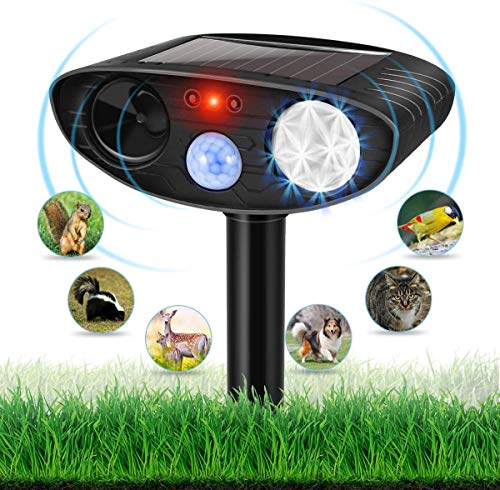 Dog Repellent Ultrasonic, Outdoor Solar Powered and Weatherproof Ultrasonic Repeller with PIR Sensor for Cats, Dogs, Birds and More （Black)