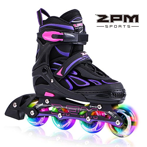 2PM SPORTS Vinal Girls Adjustable Inline Skates with Light up Wheels Beginner Skates Fun Illuminating Roller Skates for Kids Boys and Ladies - Violet Medium(1Y-4Y US)