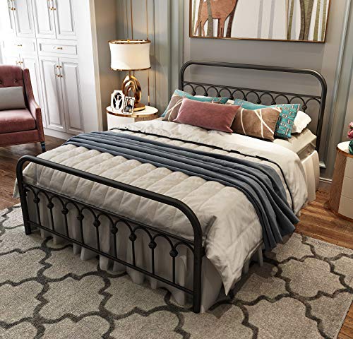 Metal Bed Frame Queen Size with Vintage Headboard and Footboard Platform Base Wrought Iron Bed Frame (Queen,Black)
