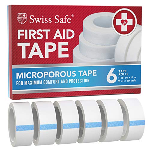 Swiss Safe First Aid Tape, Medical Microporous Surgical Tape, 5/8in Width x 10 Yards Length, Self Adhesive Paper Tape Bandage Rolls (6-Pack)
