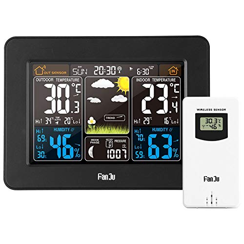 LXFENG Digital Wireless Weather Station Meteorological with Outdoor Sensor Weather Monitoring Clocks, Multifunction Weather Forecast Alarm Clock with Temperature and Humidity,USB Charging Port,Black