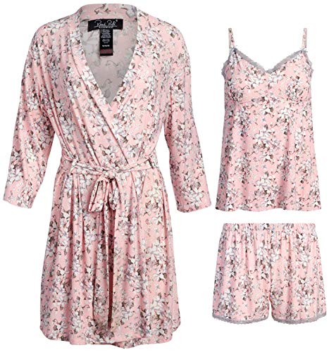Rene Rofe Women's 3-Piece Pajama Set - Shorts, Cami and Robe (Light Pink Floral, Large)