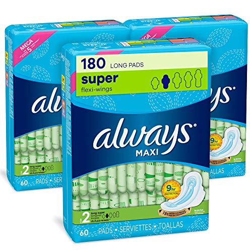 Always Maxi Feminine Pads with Wings for Women, Size 2, Long Super Absorbency, Unscented, 60 Count - Pack of 3 (180 Count Total)