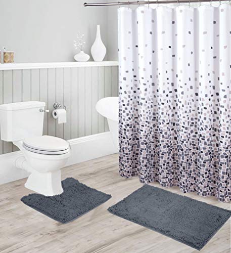 Smart Linen 15 PCS Bathroom Chenille Rugs Set Solid Bath Mats Multicolor Contemporary Shower Curtain New # Bathset 15 PCS Jasmine (Charcoal)