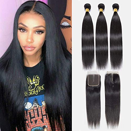 NUOF Brazilian Straight Hair 3 Bundles With Closure (16 18 20+14 Closure Middle Part) 8A Unprocessed Virgin Human Hair Bundles with Lace Closure Hair Extensions Natural Color