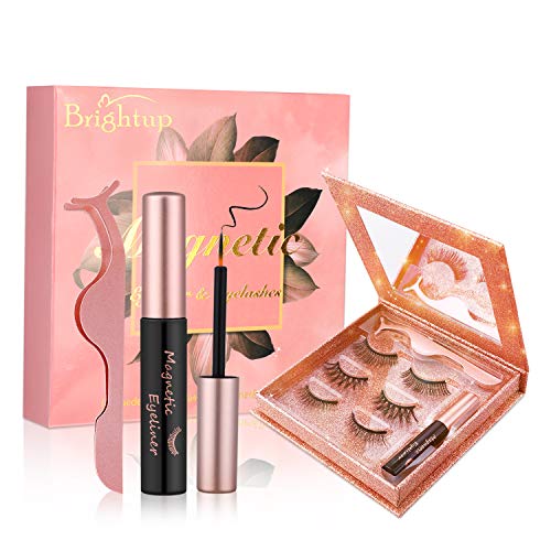 Brightup Magnetic Eyelashes with Eyeliner Kit, 3 Pairs 3D Natural Look Reusable False Magnetic lashes, Long Lasting Waterproof Magnetic Eyeliner, Twinkle Mirror Box with Tweezers, Ideal For Gift
