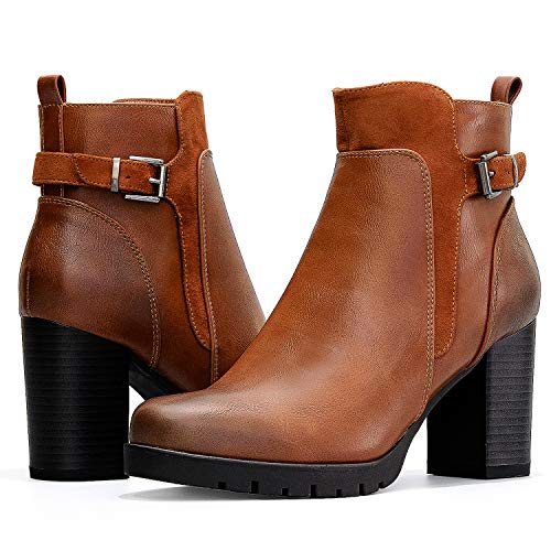 mysoft Womens Ankle Boots Chunky High Heel Zipper Boots Brown