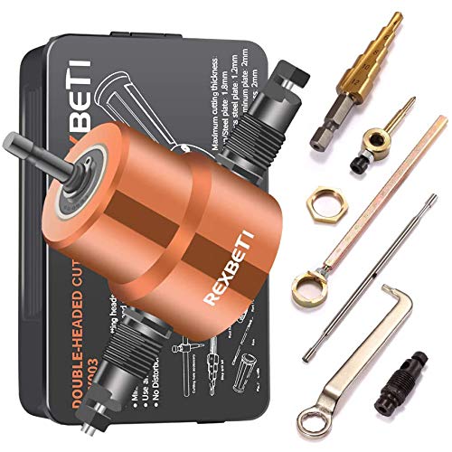 Double Headed Sheet Metal Nibbler, REXBETI Drill Attachment Metal Cutter with Extra Punch and Die, 1 Cutting Hole Accessory and 1 Step Drill Bit, Perfect for Straight Curve and Circle Cutting (gold)