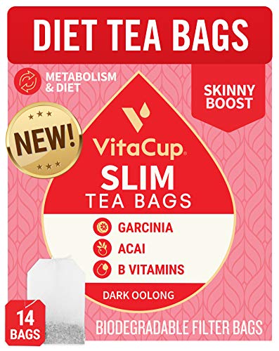 VitaCup® Slim Tea Bags 14ct w/ Oolong Tea & Acai Berry for Skinny Diet, Metabolism, Detox in Sealed Single Serve Tea Sachet Bag