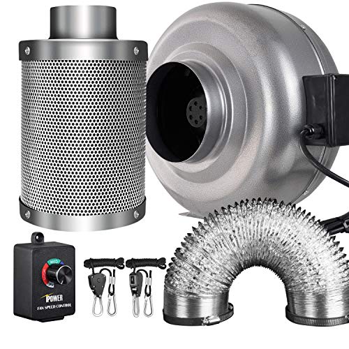 iPower 6 Inch 442 CFM Inline Fan Carbon Filter 25 Feet Ducting Combo with Variable Speed Controller and Rope Hanger for Grow Tent Ventilation